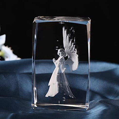 Crystal Guardian Angel Figurine with Colorful Light Base, Laser Engraved Glass Angel Gifts